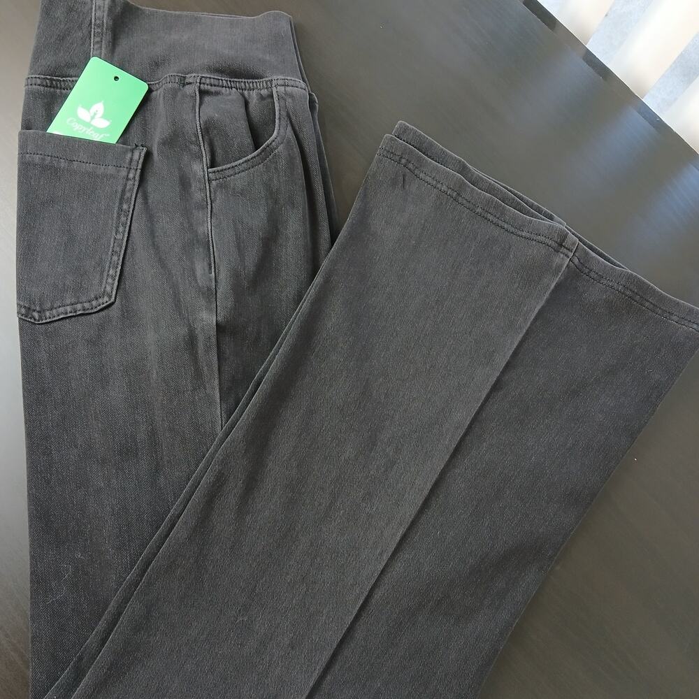 Copyleaf High Waisted Crossover Flare Jeans XL black pull on pants stretch denim
